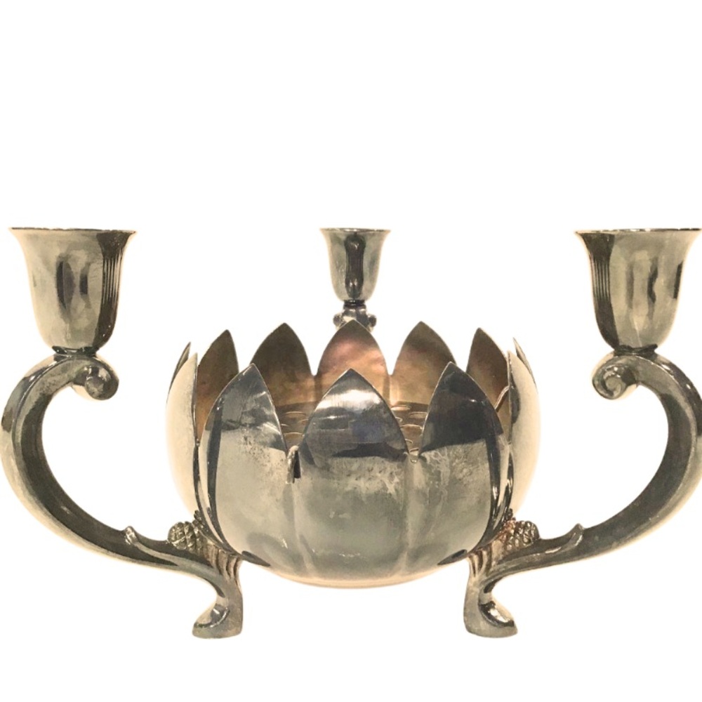 {Vintage} Midcentury Modern Silverplate Lotus Flower Candle Holder Centerpiece